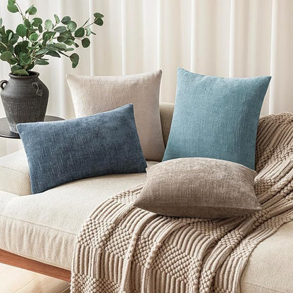 Foindtower Pack of 2 Textured Chenille Throw Decorative Pillow Covers Square Accent Solid Cushion Cover Neutral Farmhouse Pillow Case for Couch Sofa Bedroom Living Room 16x16 Inch,Light Blue