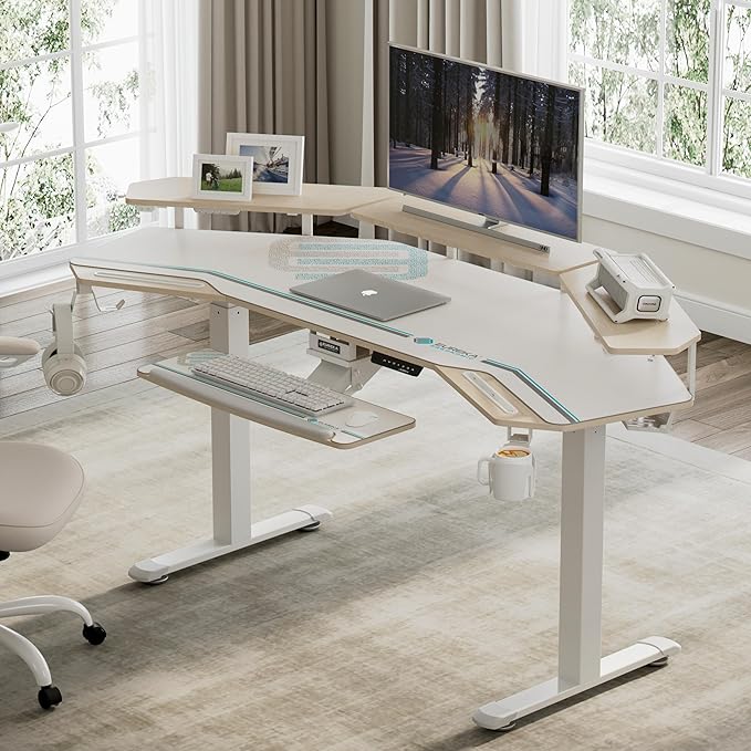 EUREKA ERGONOMIC Standing Desk with Keyboard Tray, Large Music Studio Gaming Desk, Wing Shaped Sit Stand Table 72'', LED Convertible Shelves, Dual Motor&Slot, Maple