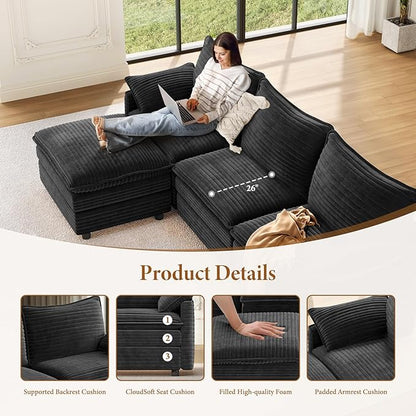 Vesgantti 142" Cloud Couch Sectional Modular Sofa, Comfy Sectional Couch with Ottoman Deep Seat Corduroy L Shaped Sofa, Modular Couches for Living Room, Bedroom and Apartment, Gray