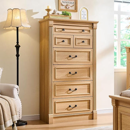 Farmhouse 7 Drawers Dresser for Bedroom, 57" Tall Large Dressers & Chests of Drawers w/Roman Column, Storage Dressers Organizer for Bedroom, Hallway, Living Room, Natrual