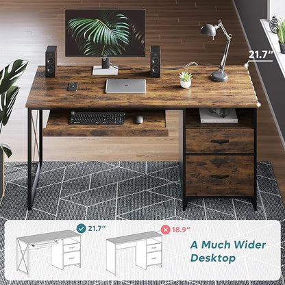 Bestier Office Desk with Drawers, 55 inch Industrial Computer Desk with Storage, Wood Teacher Desk with Keyboard Tray & File Drawer for Home Office, Rustic Brown