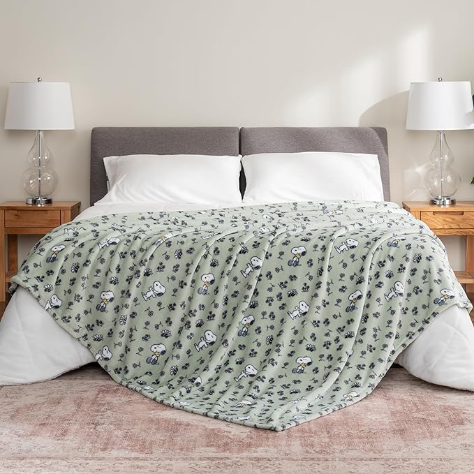 Berkshire Blanket Peanuts® VelvetLoft® Cute Character Snoopy Plush Blanket,Peanuts Snoopy & Woodstock New Flower and Bees Sage,Full/Queen 90 in x 90 in (Official Peanuts® Product)