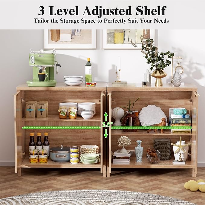 Sideboard Buffet Cabinet, 31" Storage Cabinet with 2 Doors and Adjustable Shelves, Sideboard Console for Dinning Room, Kitchen and Living Room - Oak
