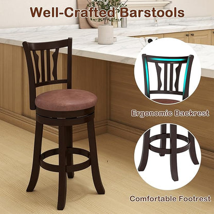 COSTWAY 26" Counter Height Stools Set of 2, Swivel High-Top Chairs with Backrest & Faux Leather Padded Seat, Rubber Wood Counter Barstools with Footrest for Kitchen, Dining Room, Pub (2,26'')