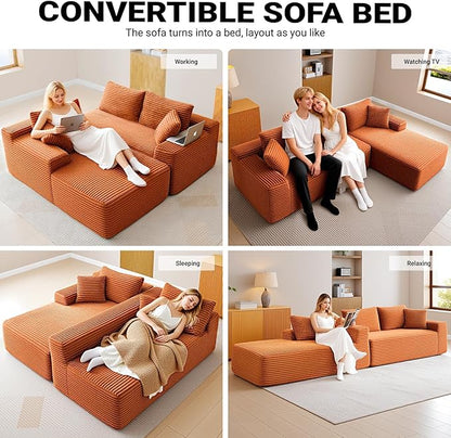 108" Cloud Sectional Couch,Modern Modular Sectional Sofa with Deep Seat,Corduroy Boneless Couches with L-Shape Chaise for Living Room,No Assembly Required (Orange, Right Facing Chaise + Ottoman)