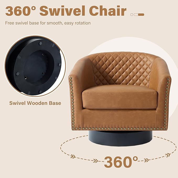 Pia Ricco Faux Leather Swivel Barrel Accent Chairs Set of 2, 360° Swivel Round Single Sofa Chair, Comfy Upholstered Club Armchair with Nailhead Trim for Living Room/Reading Room/Bedroom, Coffee