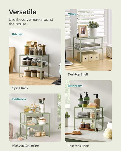 SONGMICS Spice Racks, Set of 4 Metal Cabinet Shelf Organizers, Countertop Organizers, Shelf Risers, Stackable, Expandable, Sage Green UKCS006C01