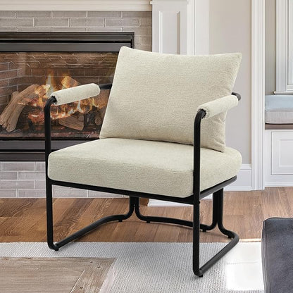 Accent Chairs Set of 2 for Living Room, Mid Century Modern Upholstered Reading Armchairs for Bedroom, Office, with Comfy Chenille Cushion & Metal Frame, Beige Cream