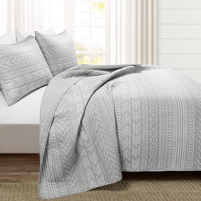 Lush Decor Hygge Geo Pattern Striped 3 Piece Quilt Bedding Set, Full/Queen, Light Gray