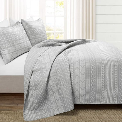 Lush Decor Hygge Geo Pattern Striped 3 Piece Quilt Bedding Set, Full/Queen, Light Gray