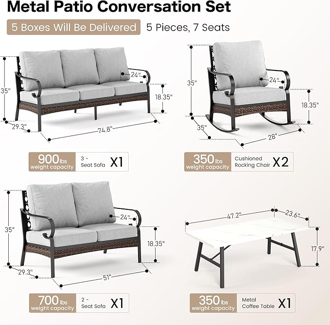 5 Piece Metal Outdoor Patio Furniture Set, Patio Conversation Sets 3-Seater Sofa, 2-Seater Sofa, 2 Rocking Sofa with 5.75" Cushion & Coffee Table Black Backyard Furniture, Light Gray