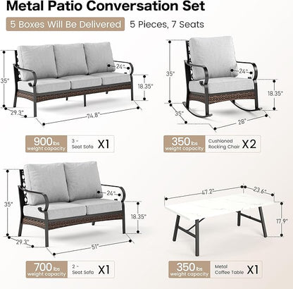5 Piece Metal Outdoor Patio Furniture Set, Patio Conversation Sets 3-Seater Sofa, 2-Seater Sofa, 2 Rocking Sofa with 5.75" Cushion & Coffee Table Black Backyard Furniture, Light Gray