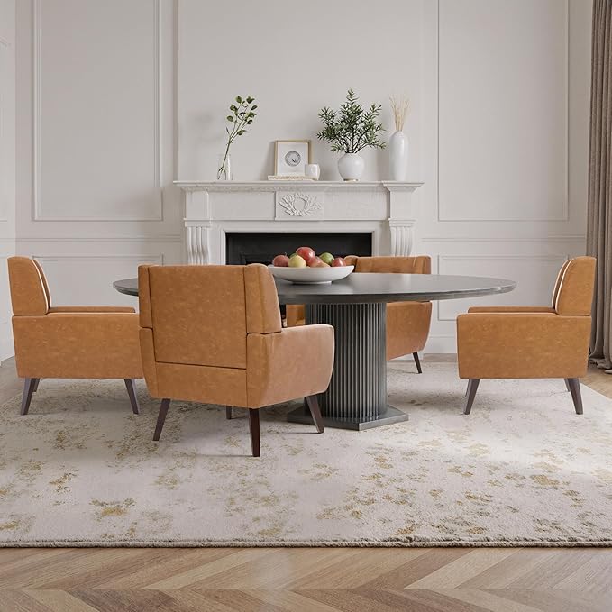 Faux Leather Accent Chairs Set of 4, Mid-Century Modern Upholstered Armchair, Comfy Living Room Chairs Reading Chairs with Button Tufted Back & Solid Wood Legs for Bedroom, Office, Brown