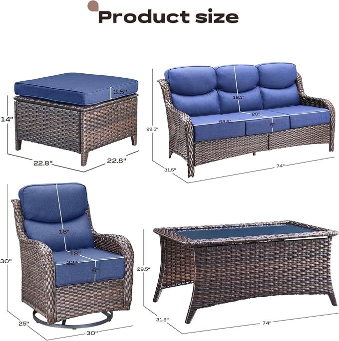 Rilyson Wicker Outdoor Patio Furniture Set - 8 Piece Patio Conversation Sets with Swivel Rocker Chairs, Ottomans, Sofa and Coffee Table, 6 inch Cushions, Deep Seating, for Porch Deck Brown/Blue