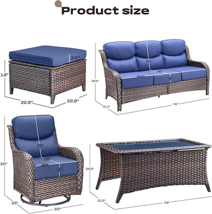 Rilyson Wicker Outdoor Patio Furniture Set - 6 Piece Patio Conversation Sets with Swivel Rocker Chairs, Ottomans, Sofa and Coffee Table, 6 inch Cushions, Deep Seating, for Porch Deck Brown/Blue