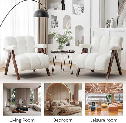 Mid Century Modern Accent Chair with Solid Wood Frame, Boucle Upholstered Living Room Chairs with Thick Cushion, Comfy Tufted Arm Chair for Bedroom, Ivory