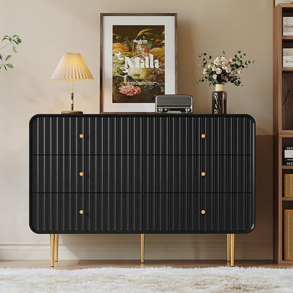 HLR Black Dresser for Bedroom,48'' Wide Wood Chests of Drawers,Modern Fluted 6 Drawer Dresser with Gold Metal Handles,Clothes Deep Drawer Dressers Storage for Living Room,Hallway