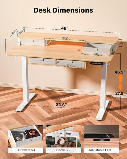 FiCiHi Adjustable Height Standing Desk with 4 Drawers,48 x 24 inches Electric Sit Stand Home Office Desk with Two Tiers, 3 Memory Presets, Monitor Stand Riser