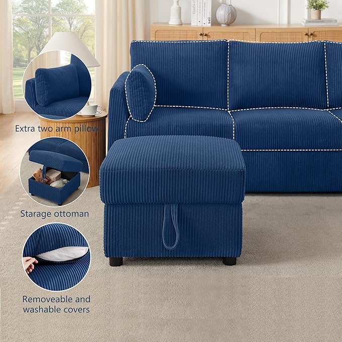 79" Small Couches with Storage Ottoman 3 Seat L Shaped Couch Sectional Sofa with Chaise Lounge for Apartment,Dorm,Bonus Room,Compact Spaces. (Blue, 3+OTT)