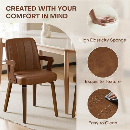 Kitchen Dining Chairs Set of 4, Faux Leather Upholstered Dining Room Chairs with Wood Arms and Legs, Mid Century Modern Kitchen Side Chair for Living, Bedroom, Restaurant, Walnut/Brown