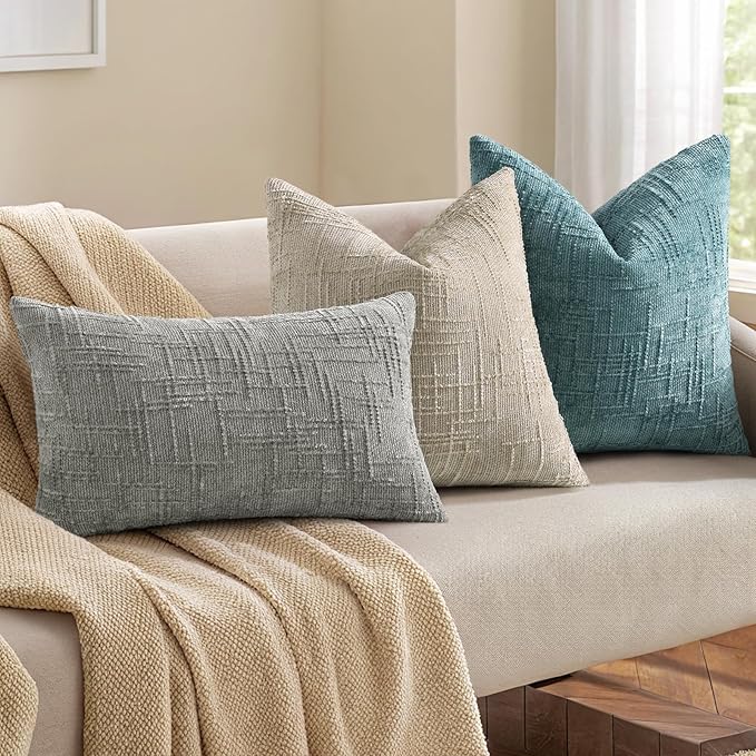 decorUhome Teal Chenille Throw Pillow Covers 20x20 Set of 2 Thick Textured Slubby Couch Pillow Covers Farmhouse Accent Modern Neutral Decorative Pillow Cases for Bed Sofa Living Room