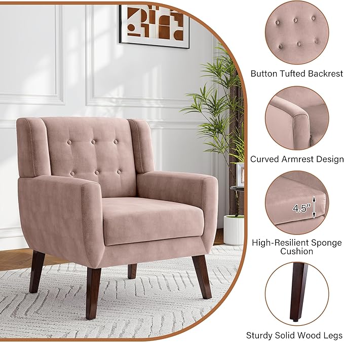 Lumibee Accent Chairs Set of 2, Velevet Fabric Armchairs for Living Room, Comfy Upholstered Arm Chairs Tufted for Indoor Bedroom Office Room (Pink Velvet)