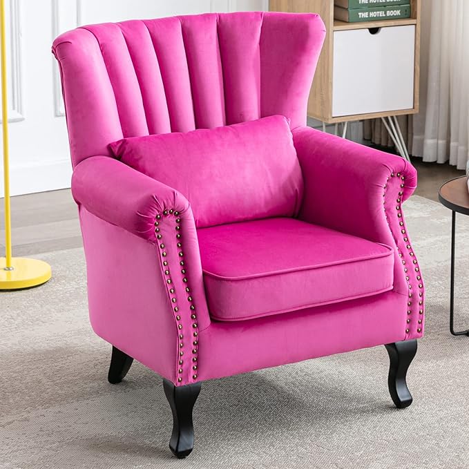 Accent Reading Arm Chairs Midcentury Modern Comfy Corner Sofa Chair, Wingback Waiting Room Club Chair with Tufted Back for Living Room/Bedroom/Reception Room, Velvet Rose