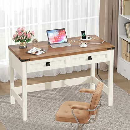 Farmhouse Computer Desk with 2 Drawers, 39 Inch Small Office Computer Desk with Power Outlets, Compact Writing Study Desk for Small Spaces, Antique White
