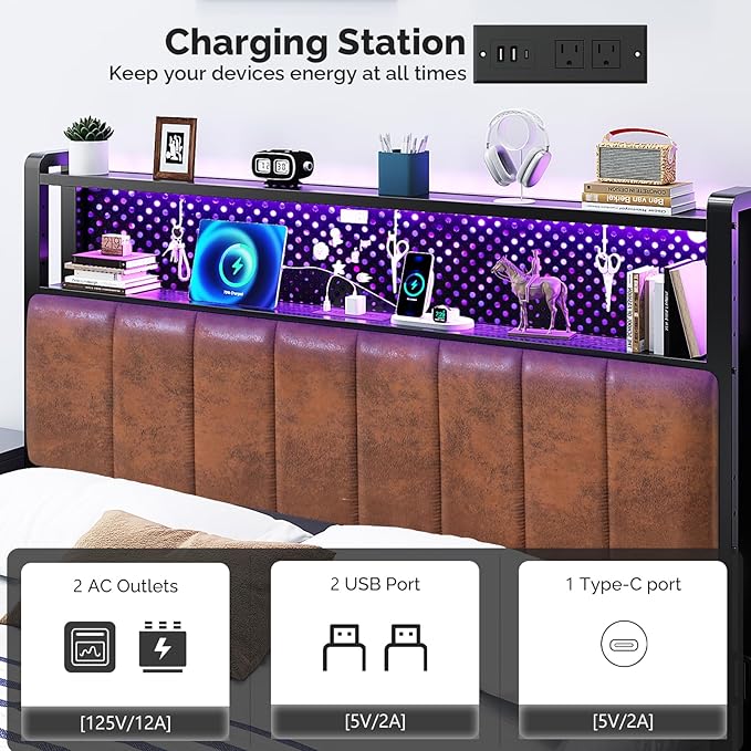 VINGLI King Size Headboard Only, Adjustable Upholstered Headboard with 2 Tier Shelves and Pegboard with Charging Stations and LED Lights, Modern Bed Headboard with Storage for Bedroom Decor
