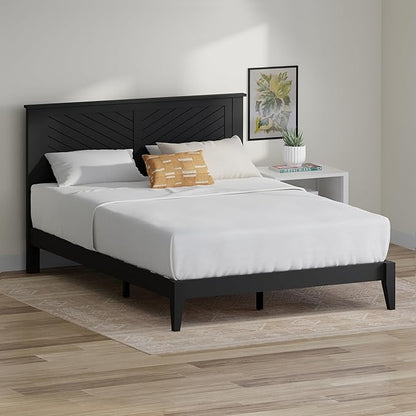 Serene Farmhouse Style Wood Bed in Full Size with Horizontal Scoring Headboard, Coastal Modern Design, Sturdy, Easy Assembly, Ample Underbed Storage, Black