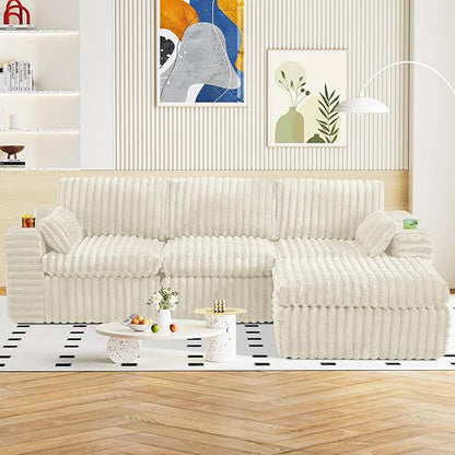 114" Cloud Boneless Sectional Couches for Living Room, Modular Sectional Sofa with Cup Holder, Cozy Fluffy L Shaped Deep Seat Boneless Couch with Storage Pocket, No Assembly Required, Beige