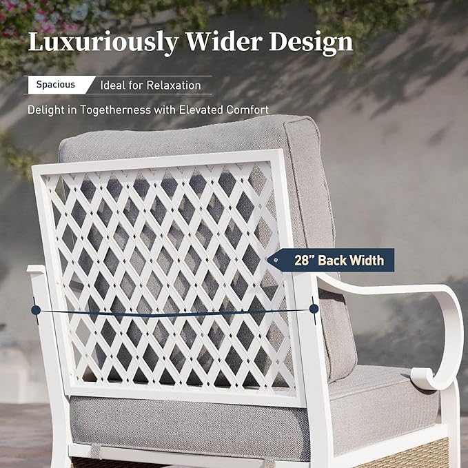 6 Piece Metal Outdoor Patio Furniture Set, Patio Conversation Set 1 3-Seater Couch, 2 Fixed Sofa, 2 Swivel Sofa with 5.75" Thick Cushion and Coffee Table White Backyard Furniture, Gray
