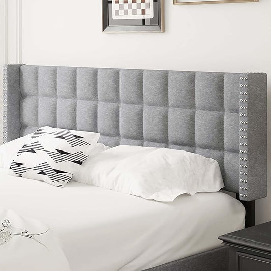 VECELO Headboard Queen Size, Linen Upholstered Headboards Only with Nailhead Trim Wingback, Square Stitched Design, Adjustable Height from 40" to 49.8", Light Grey