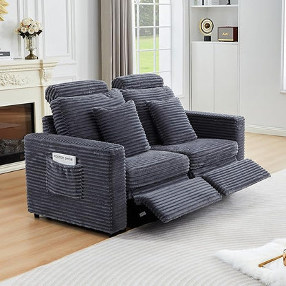 Power Reclining Sectional Sofa, Electric Loveseat Recliner with 2 Electric Footrest and Adjustable Headrest, Modern Plush Corduroy Fluffy Reclining Sectional with Deep Seat for Living Room-Blue Grey