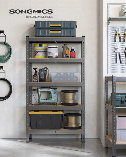SONGMICS 5-Tier Storage Shelves, Load 2310 lb, Garage Storage, Boltless Assembly, Adjustable Shelving Unit, 11.8 x 29.5 x 59.1 Inches, for Study Shed Basement, Gray and Natural Beige UGLR300G01
