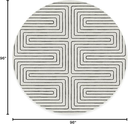 RUGGABLE x Jonathan Adler Machine Washable Area Rug – Labyrinth Black/Ivory 8 ft Round, Stain-Resistant, Non-Slip – Large Rugs for Living Room, Bedroom, Hallway, Entryway & Office–with Cushioned Pad