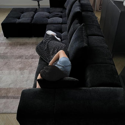 WJShome 183" Oversized Modular Sectional Sofa, U Shaped Couch with Ottoman,Sectional Couches for Living Room,Large Linen Deep Seat with Pillow Couches for Home,Spacious Space,Black