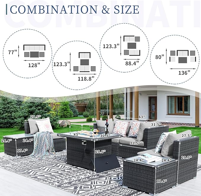 NICESOUL 7 Piece Modern Outdoor Couch with Fire Pit Natural Gas/Propane, 29.3 High Back XL Large Size Wicker Patio Conversation, Elegant Deep Seating Comfy Sectional Furniture Set for Deck Porch, Gay