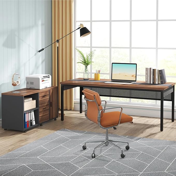 Tribesigns 71 inch Executive Desk, L Shaped Desk with Mobile File Cabinet, Executive Office Table with 2 Drawers and Storage Shelves, Business Furniture Workstation for Home Office, Walnut and Black