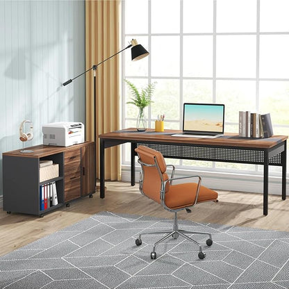 Tribesigns 71 inch Executive Desk, L Shaped Desk with Mobile File Cabinet, Executive Office Table with 2 Drawers and Storage Shelves, Business Furniture Workstation for Home Office, Walnut and Black