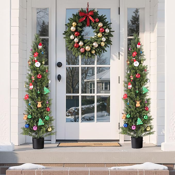 VEVOR Artificial Cedar Topiary Trees, 60 inch 2 Set Faux Pine Shrubs Plants, Fake Silk Tree Look Real, Easy Assembly for Decor Front Porch Outdoor Patio Garden Balcony Backyard Indoor Office