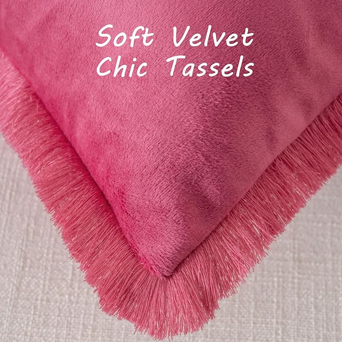 FUTEI Hot Pink Velvet Decorative Throw Pillow Covers 26x26 Set of 2,Soft Cozy Edge with Tassels Euro Pillow Shams,Boho Modern Home Decor for Couch Bed Living Room