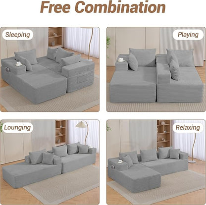 105" Cloud Sectional Couch, Modular Sectional Sofa with L-Shape Chaise, Corduroy Boneless Couches for Living Room, No Assembly, Grey
