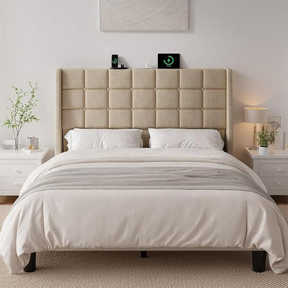 Ergonomic Upholstered Headboard Queen Size w/Charging Station, Linen Wingback Headboards w/Storage Pocket, Queen Headboard Only, Bed Frame Adapters, Sturdy Stable Solid Wood Bed Head Board, Beige