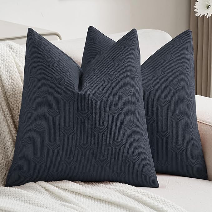 FUTEI Navy Blue Chenille Decorative Throw Pillow Covers 22x22 Inch Set of 2,Soft Cozy Striped Geometric Patterns Cushion Cases,Modern Home Decor for Couch Bed Living Room