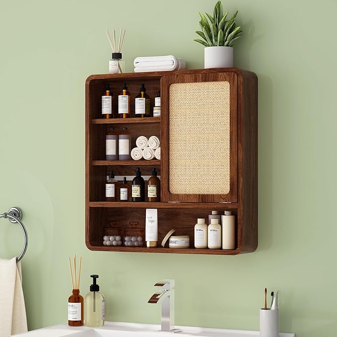 Wall Bathroom Cabinet with Flax Sliding Door, Wood Medicine Cabinet with Adjustable Shelf, Hanging Cabinet for Bathroom, Livingroom (Walnut1)