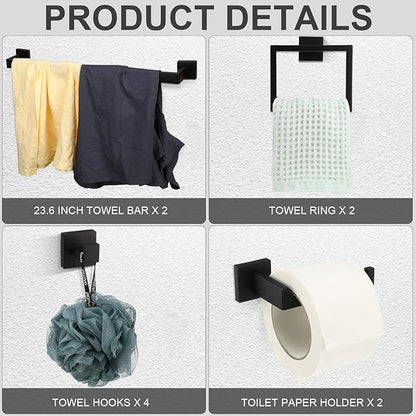 Gisafai 10 Pcs Bathroom Hardware Accessories Set 23.6 Inch Bath Towel Bar Kit Stainless Steel Bathroom Hardware Set Towel Racks Ring Hooks Paper Holder for Wall Mounted (Black)