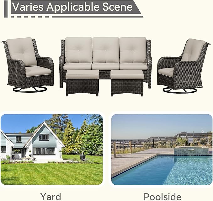5 Pieces Outdoor Patio Furniture Set - Conversation Set Includes Wicker Swivel Rocker Chairs Set of 2, 2 Ottoman, 3 Seat Sofa, Suitable for Porch, Yard, Mixed Brown Rattan, Beige