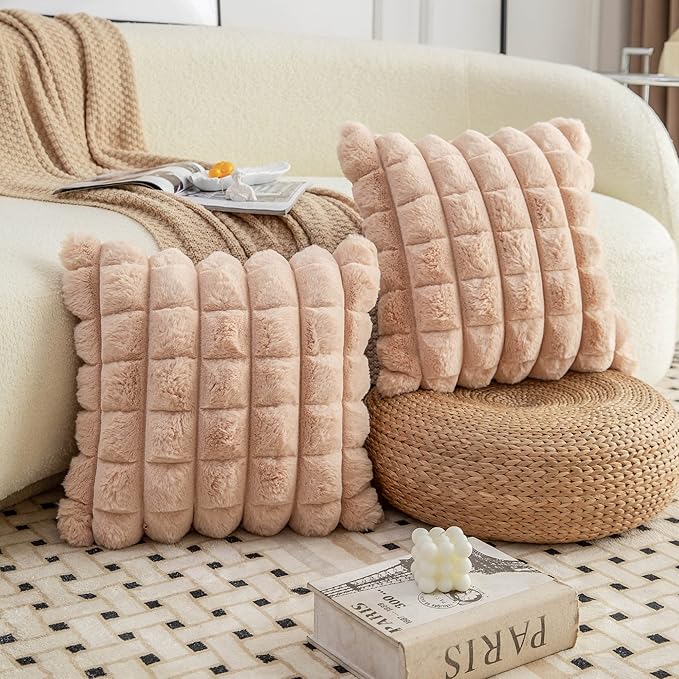 Neelvin Camel Faux Fur Cozy Soft Plaid Decorative Throw Pillow Covers 18x18 inch Set of 2,Velvet Pillowcase Cushion Case for Sofa Couch