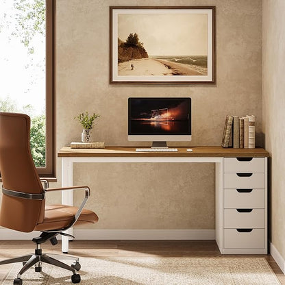 Tribesigns Modern Simple Computer Desk, 47 Inches PC Desk with 5 Reversible Drawers, Rustic Brown Study Writing Table Workstation for Home Office Small Spaces (Walnut+White)